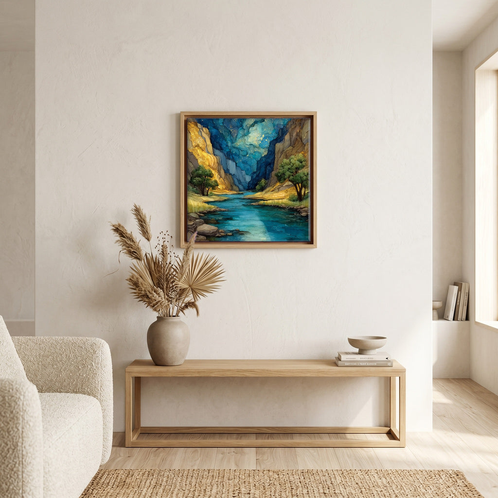 In the living room, above the sofa.