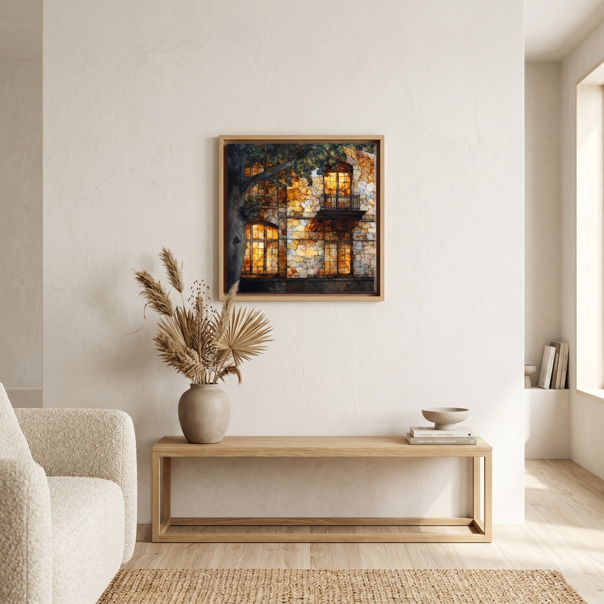 In the living room, above the sofa.