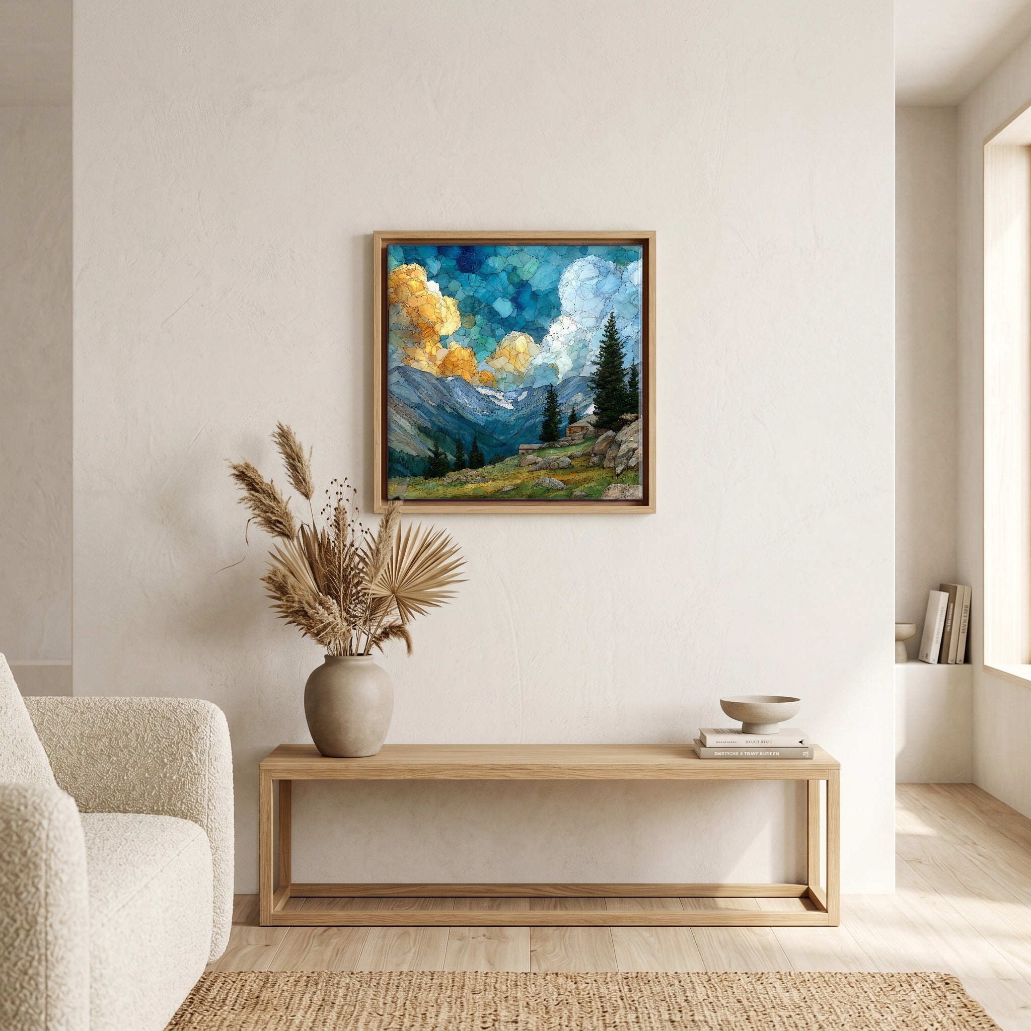 In the living room, above the sofa.
