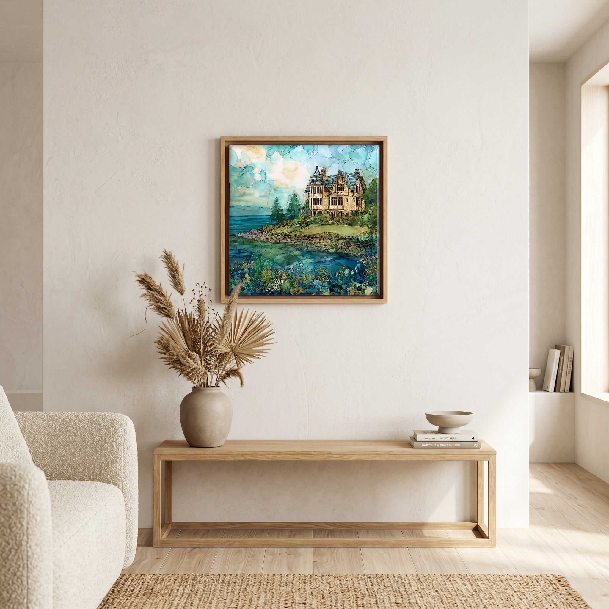 In the living room, above the sofa.