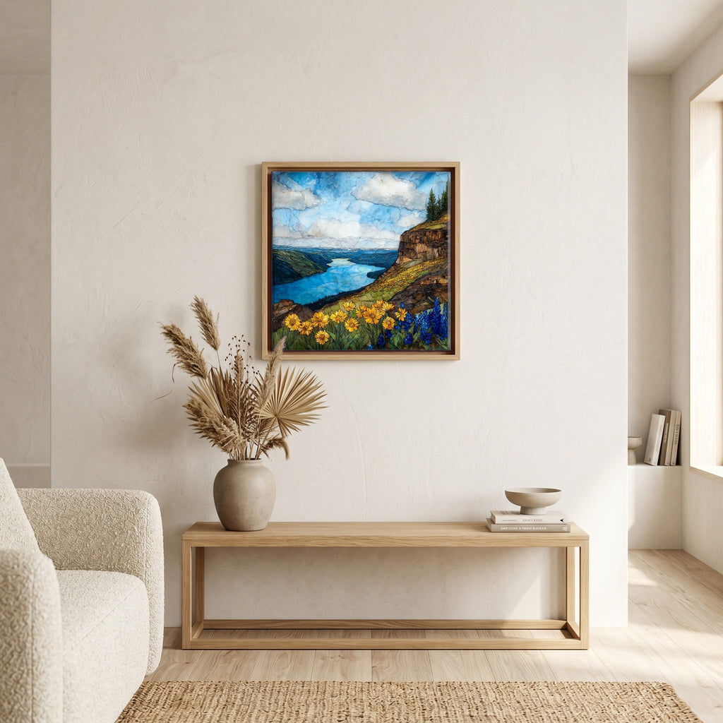 In the living room, above the sofa.