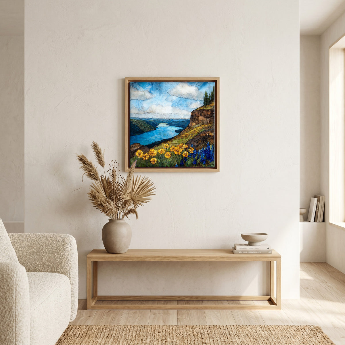 In the living room, above the sofa.