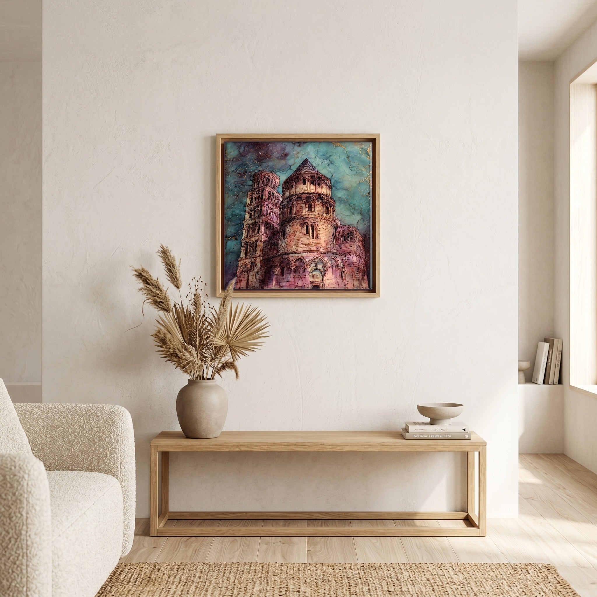 Above the bench, in a warm oak surround.