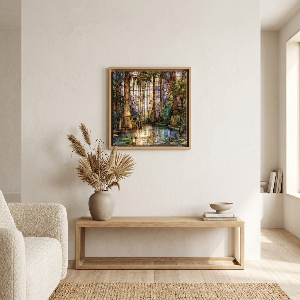 In the living room, above the sofa.