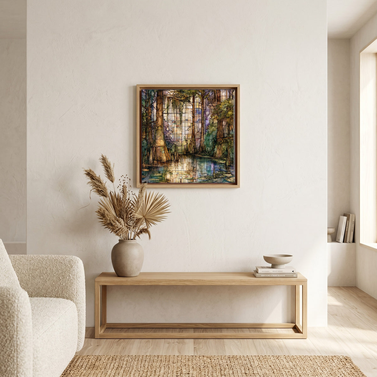In the living room, above the sofa.