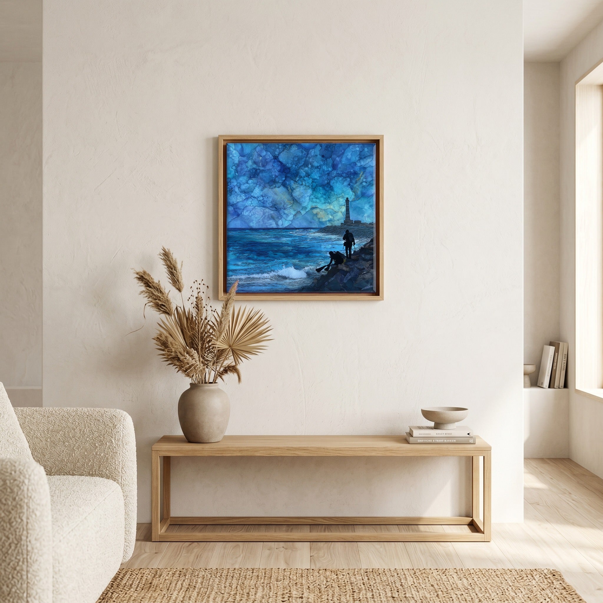 In the living room, above the sofa.