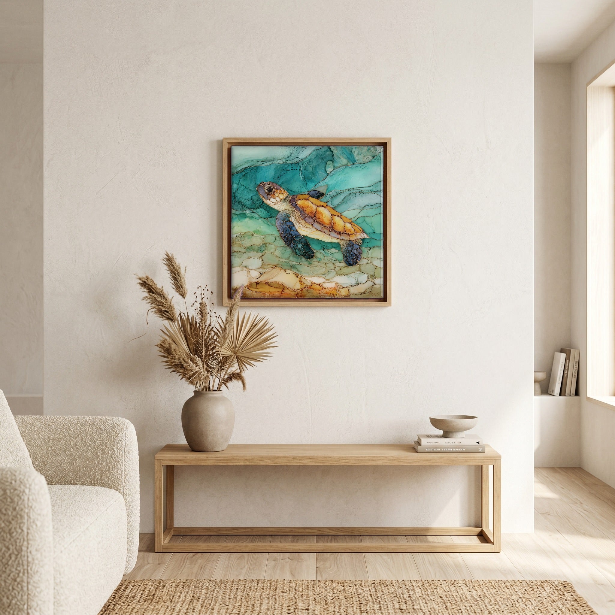 In the living room, above the sofa.