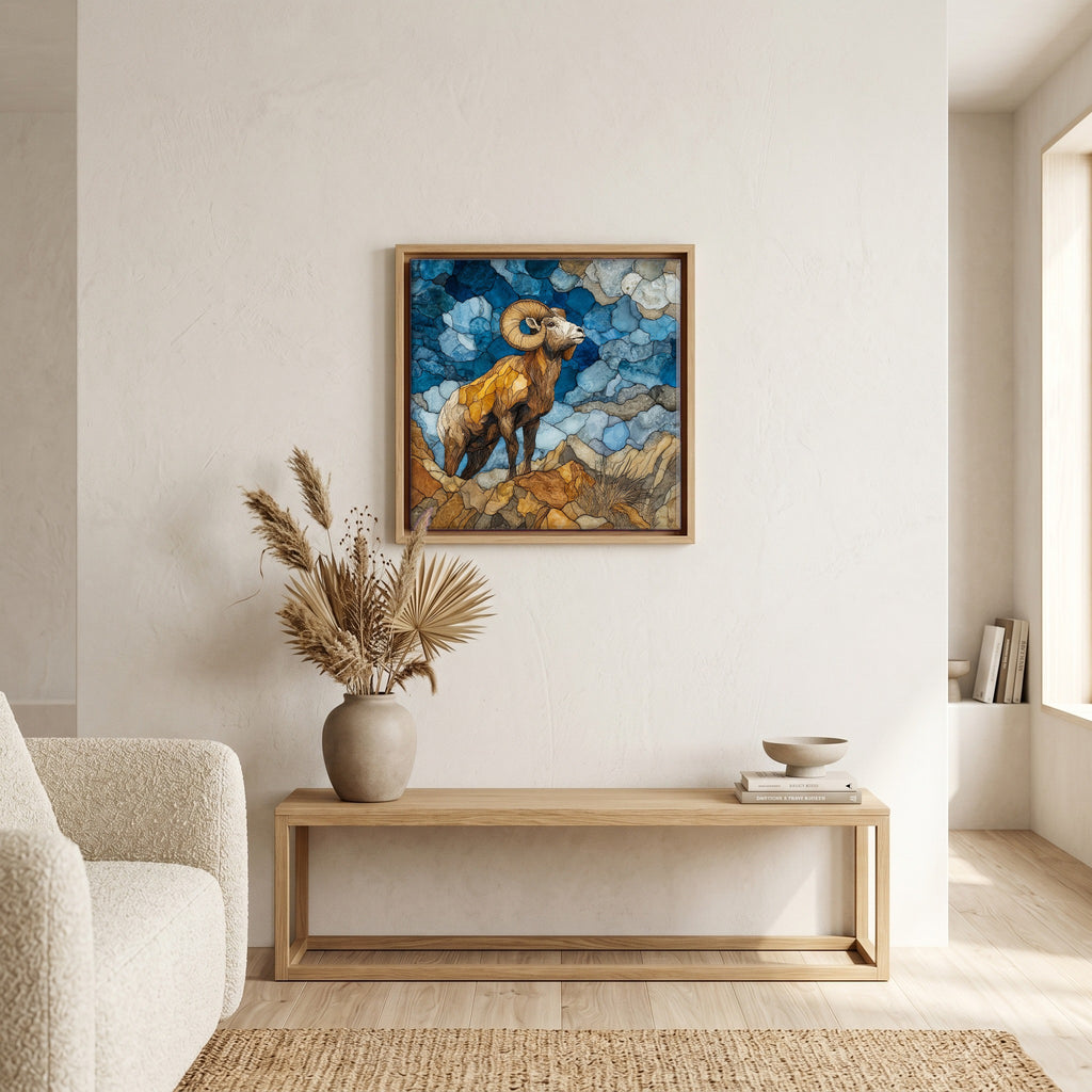In the living room, above the sofa.