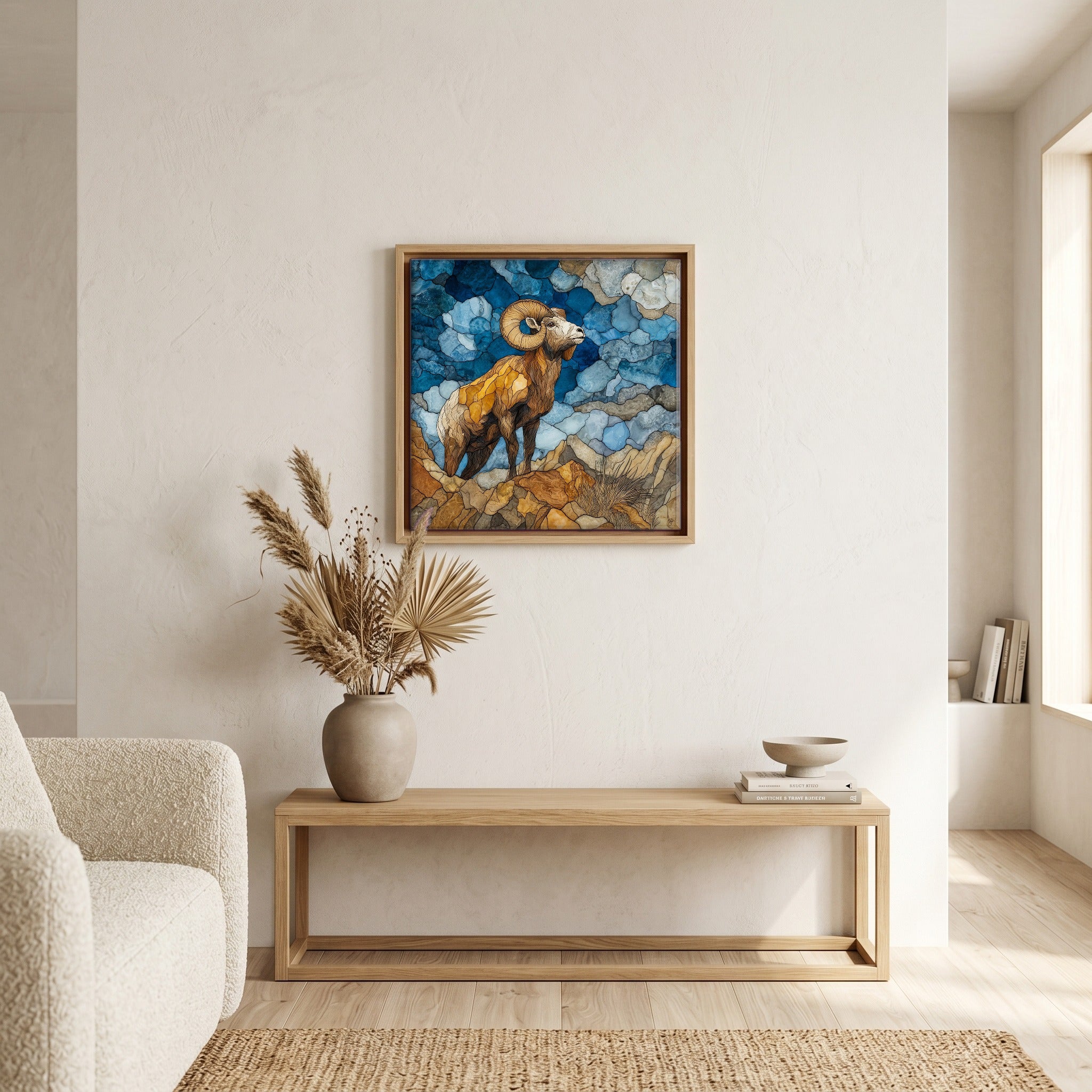 In the living room, above the sofa.