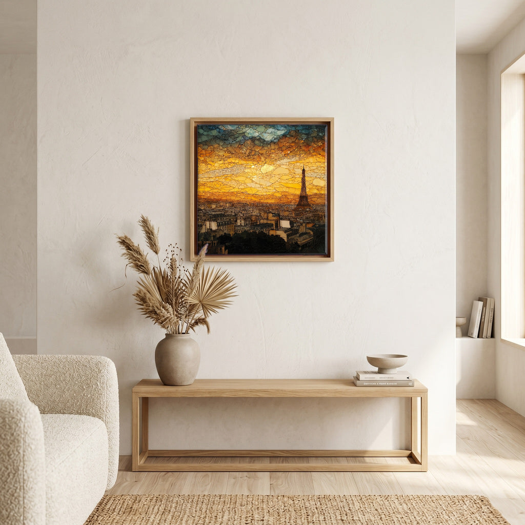 Above the bench, in a warm oak surround.