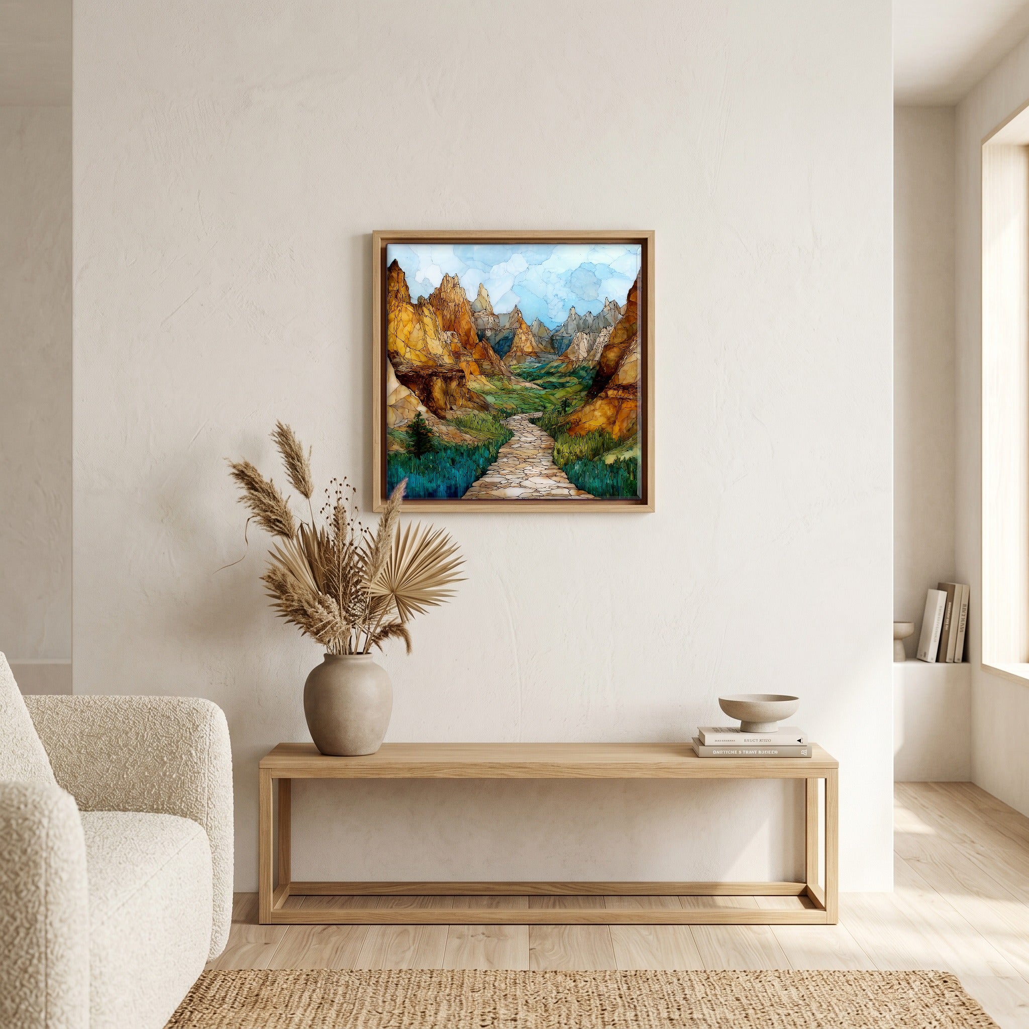 In the living room, above the sofa.