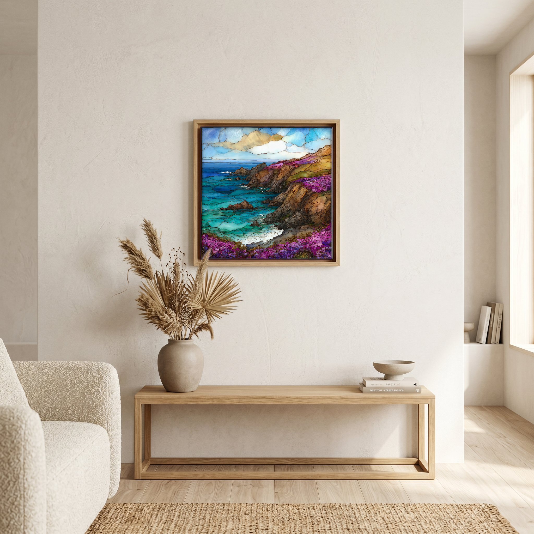 Above the bench, in a warm oak surround.