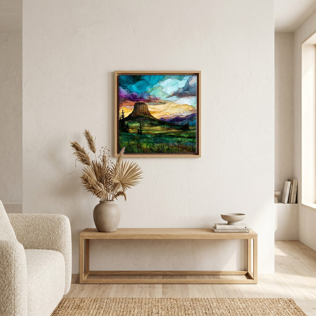 In the living room, above the sofa.