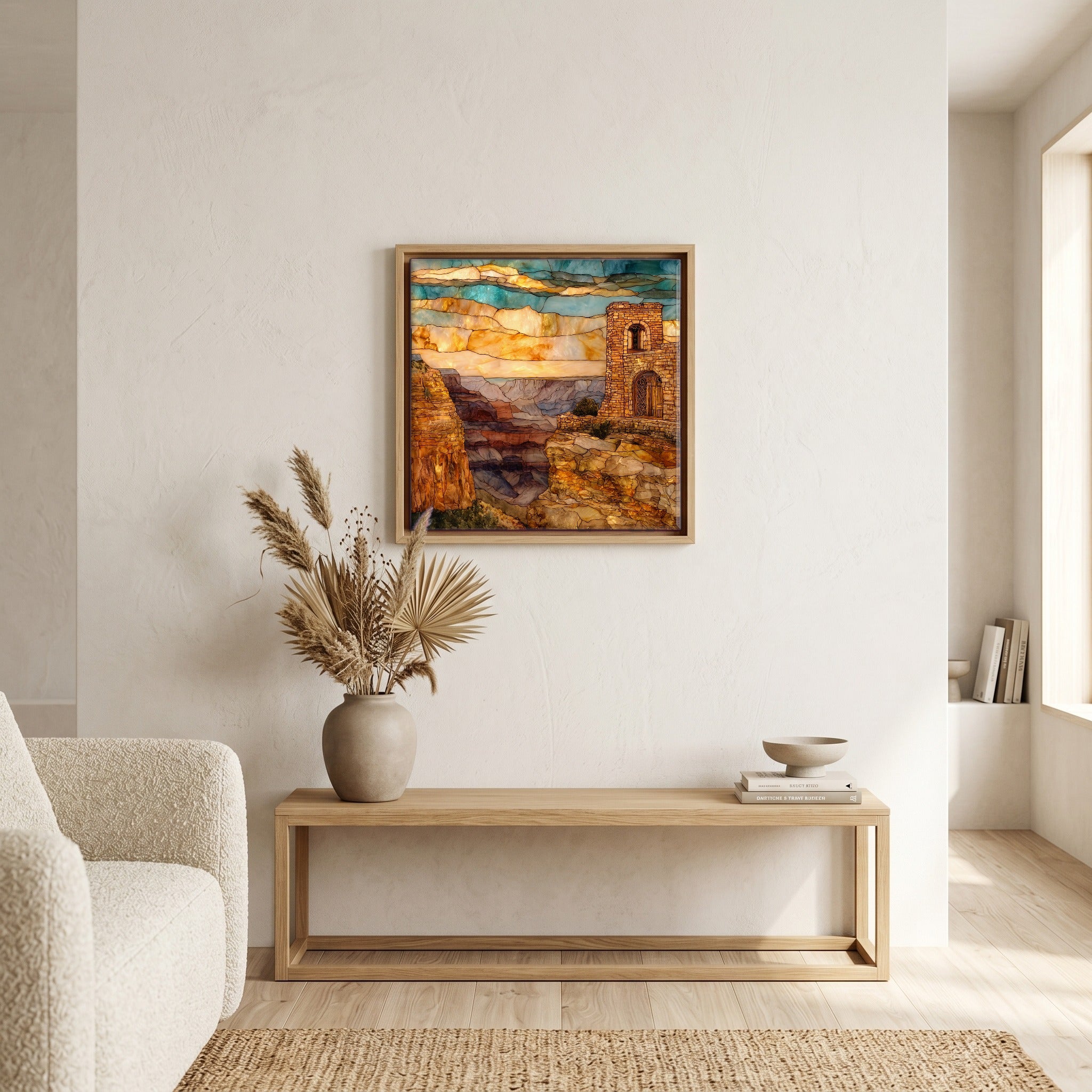 In the living room, above the sofa.