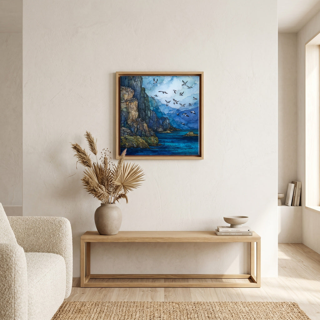 In the living room, above the sofa.
