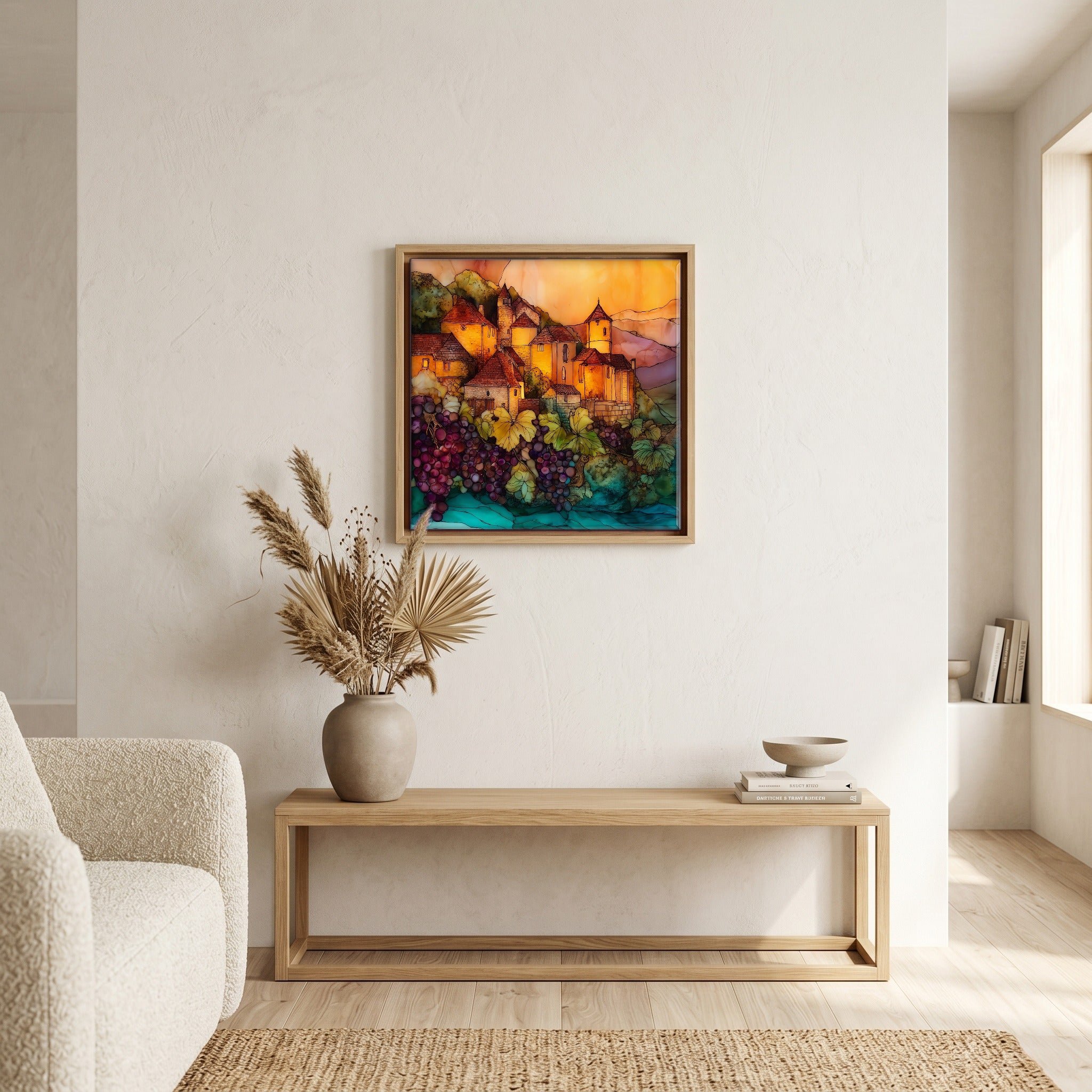 Above the bench, in a warm oak surround.