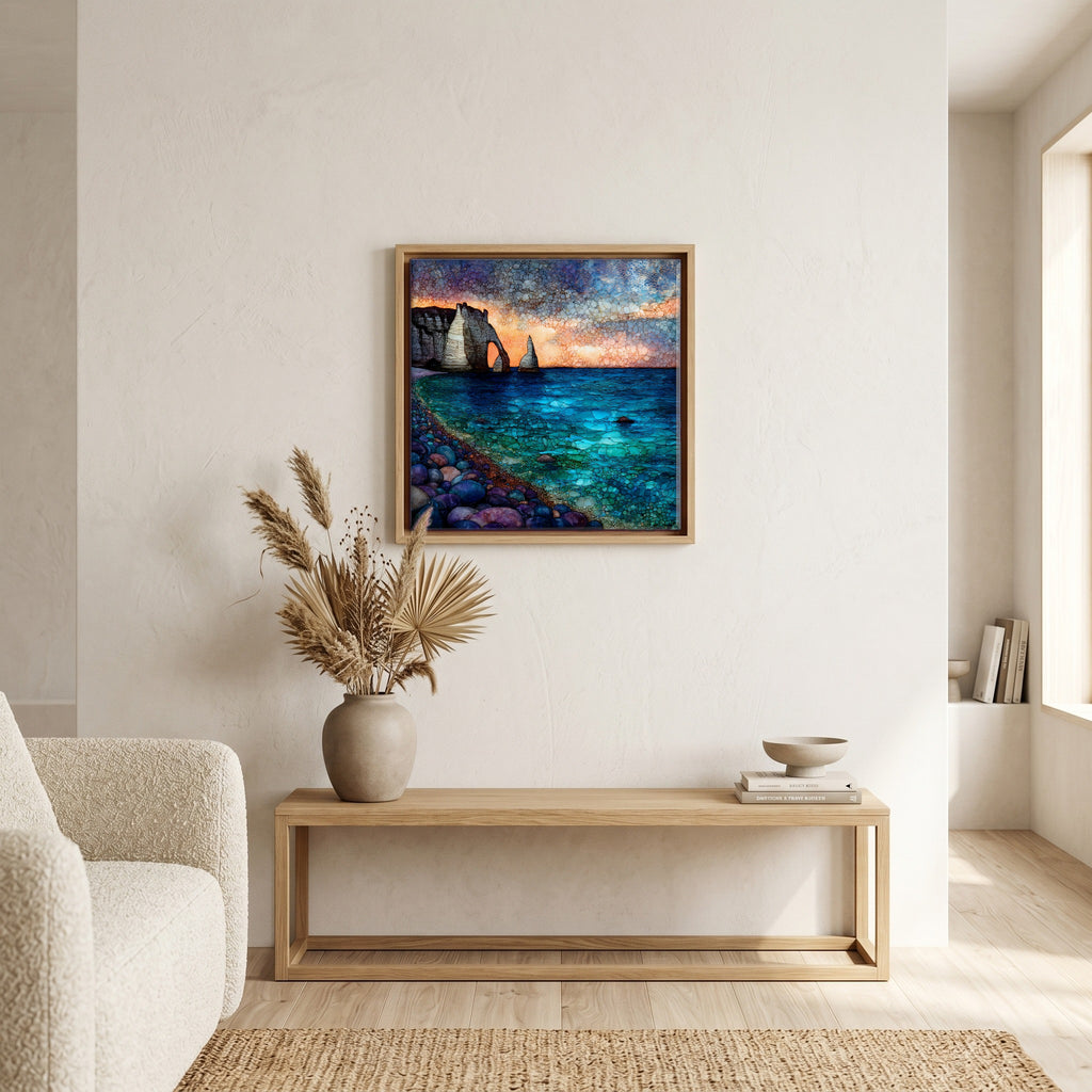 Above the bench, in a warm oak surround.