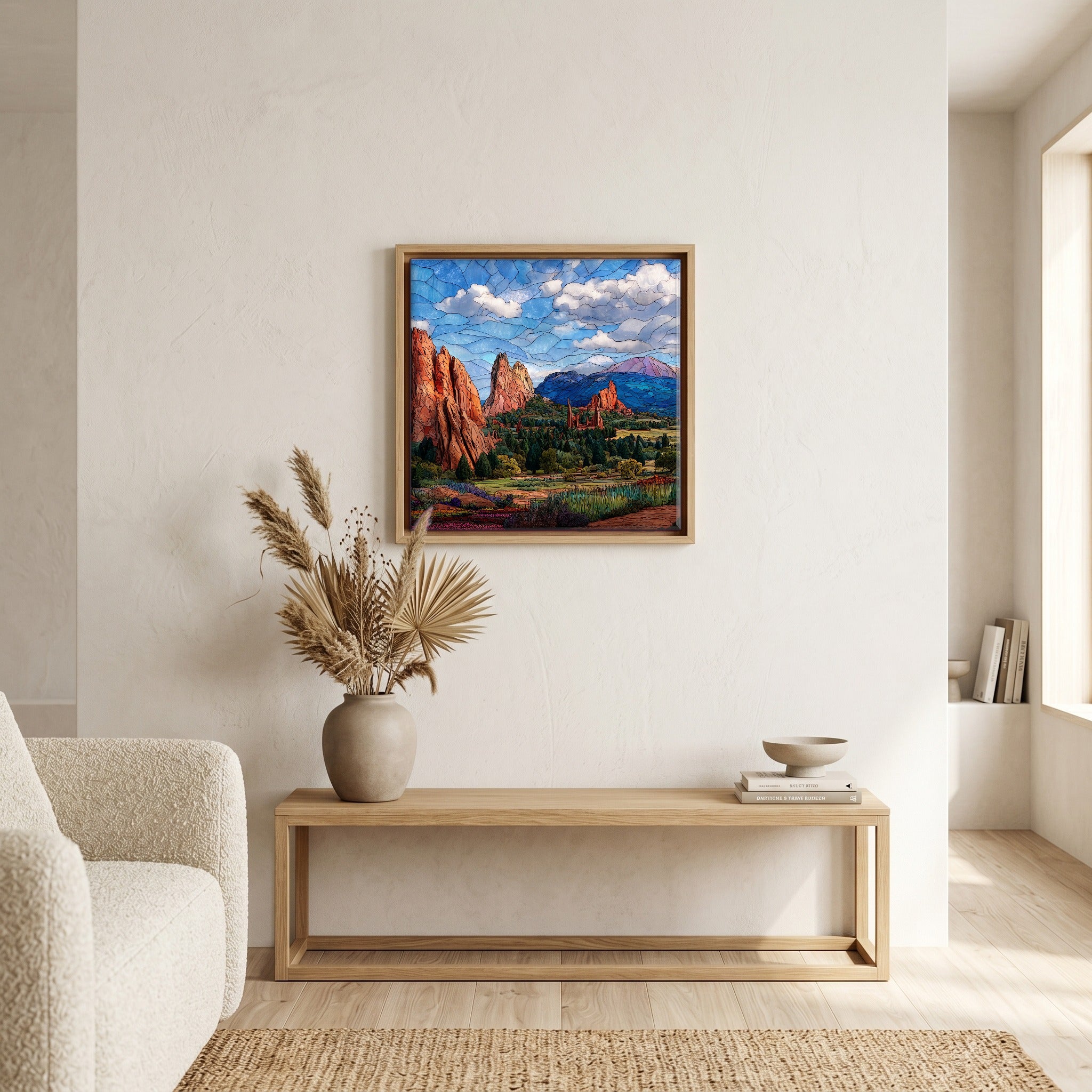 In the living room, above the sofa.