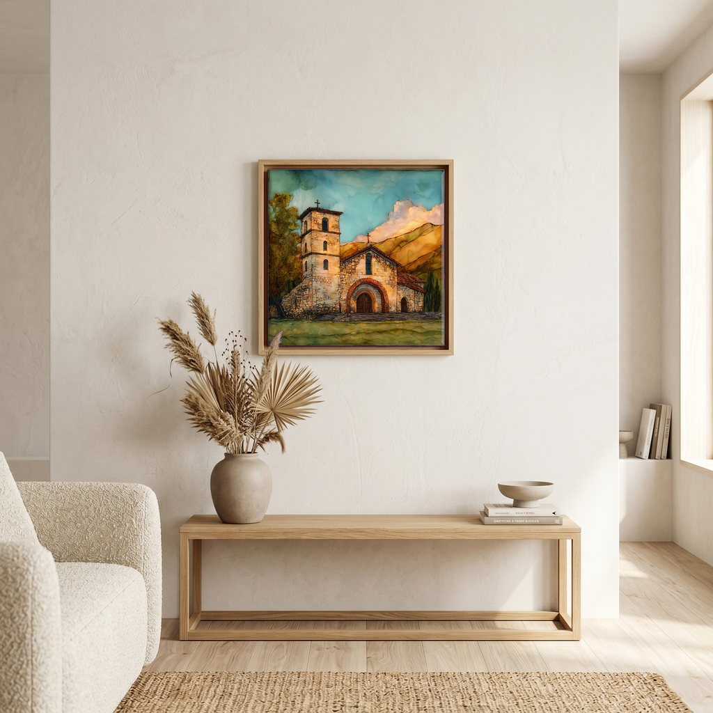 Above the bench, in a warm oak surround.