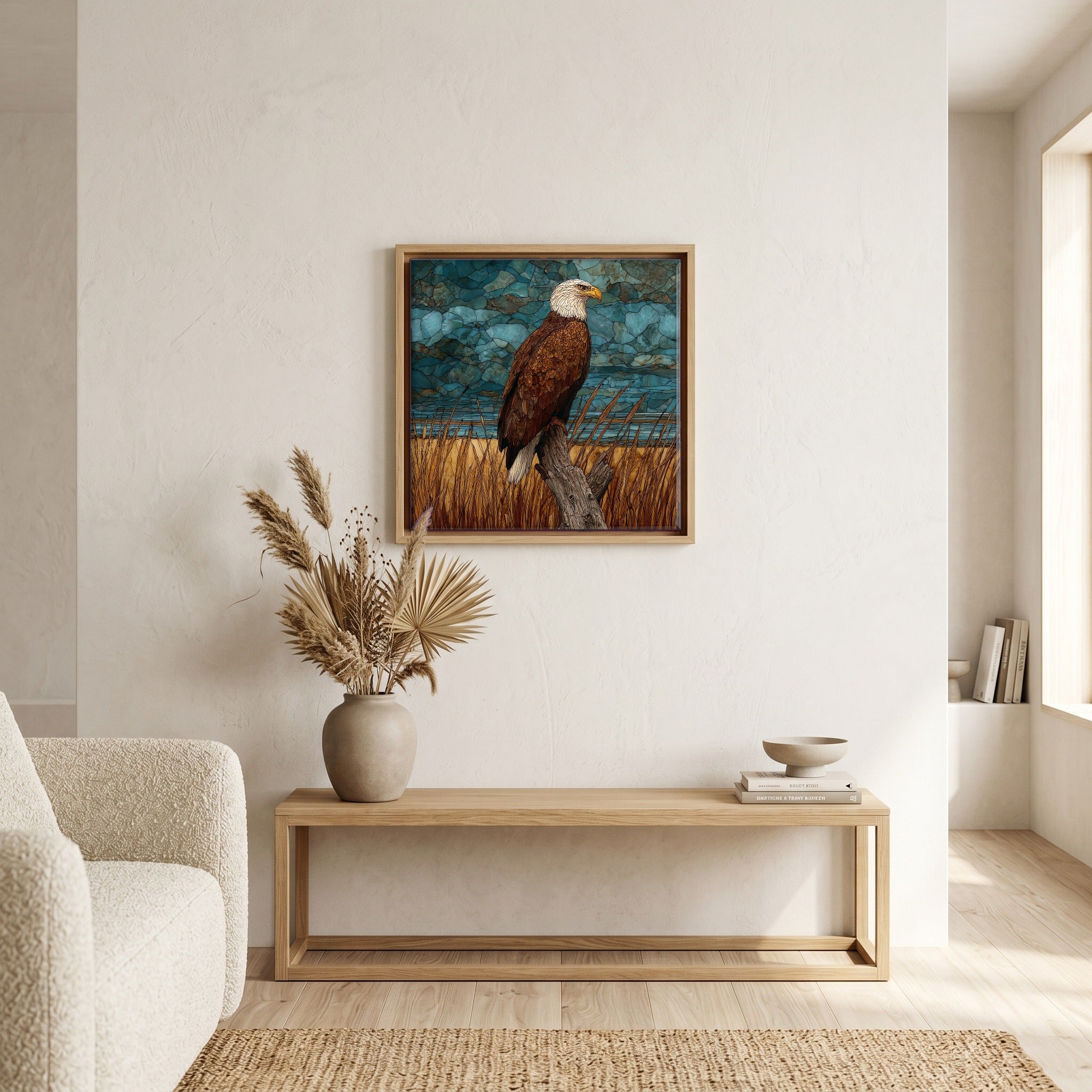 In the living room, above the sofa.