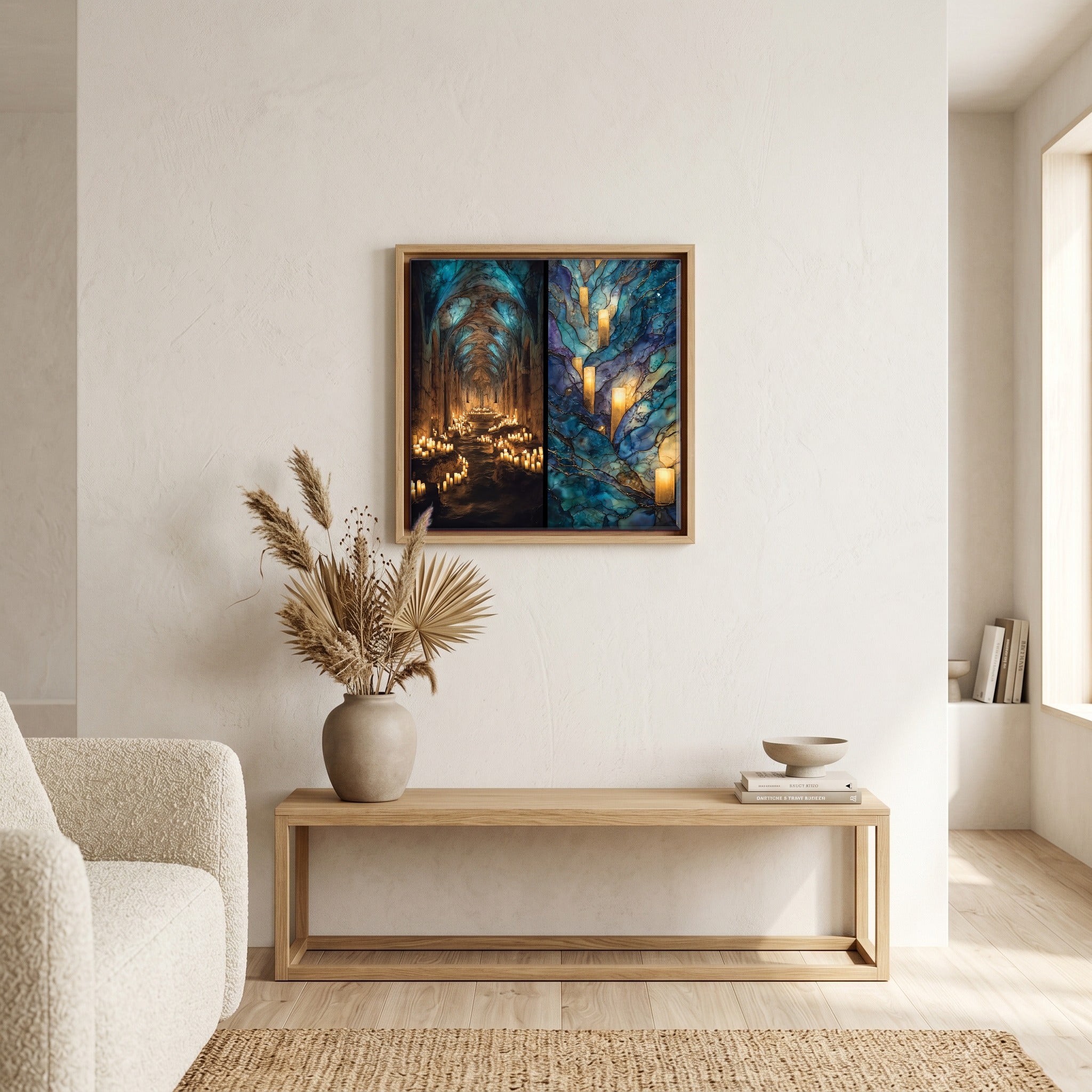 Above the bench, in a warm oak surround.