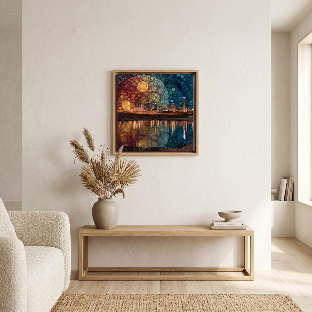 In the living room, above the sofa.