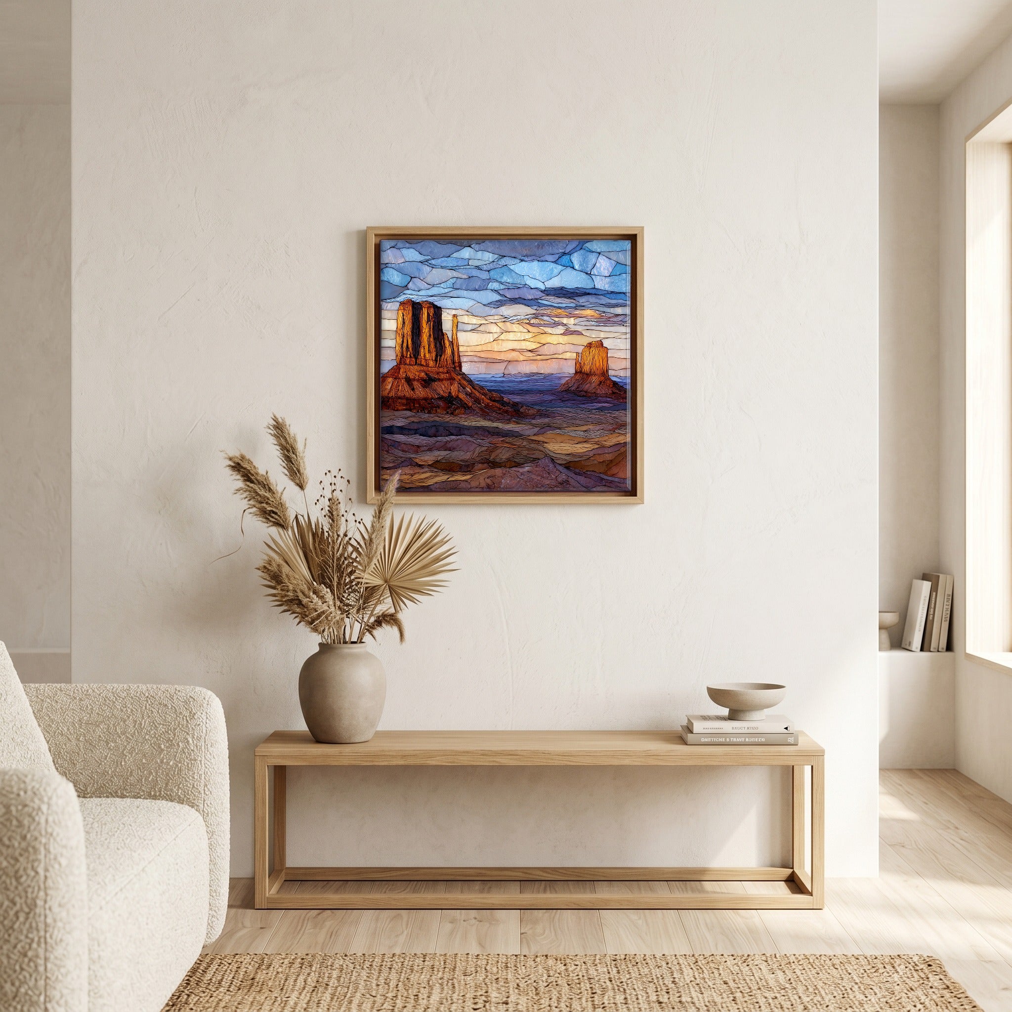 In the living room, above the sofa.