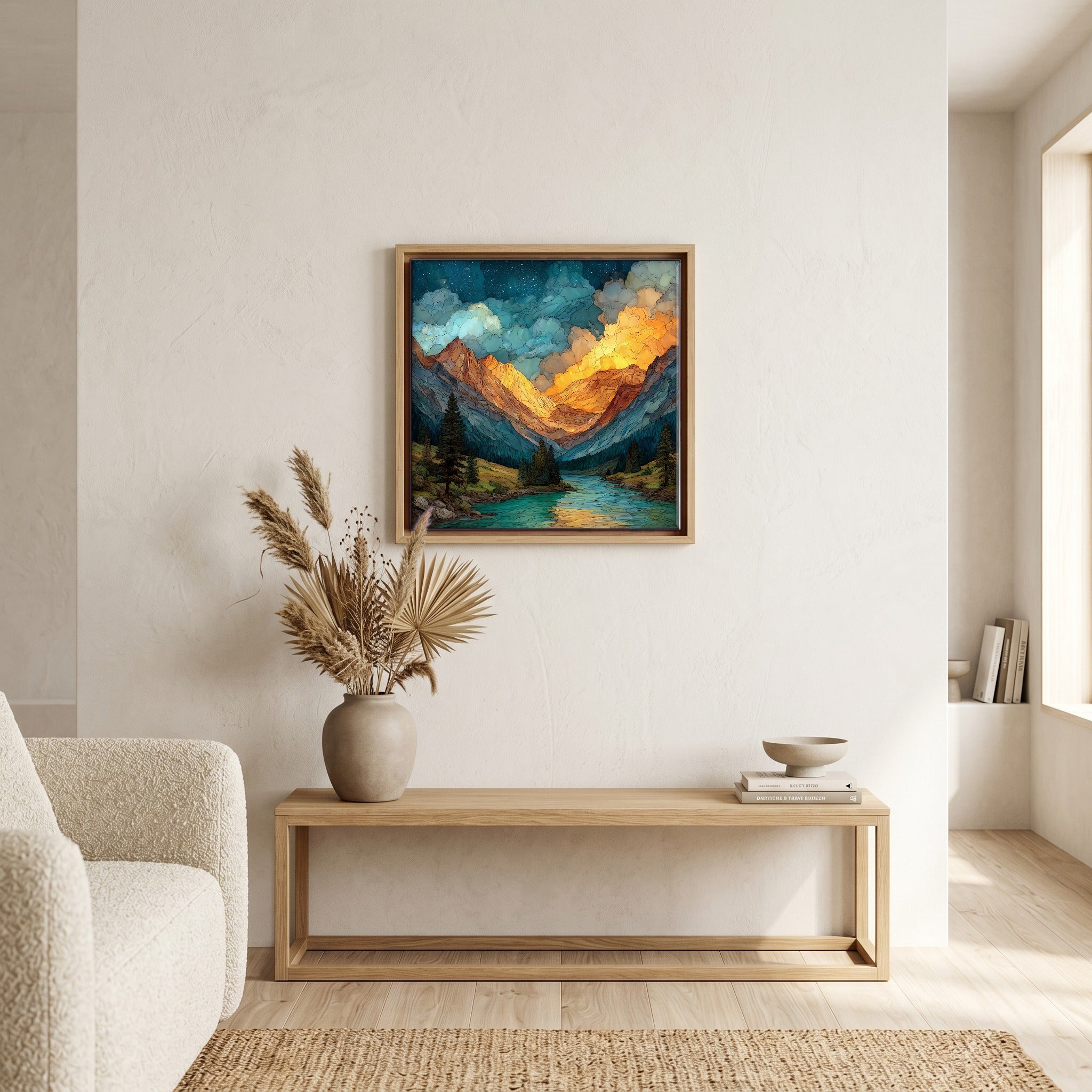 In the living room, above the sofa.