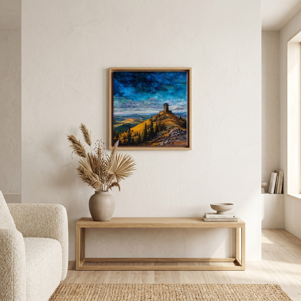 In the living room, above the sofa.