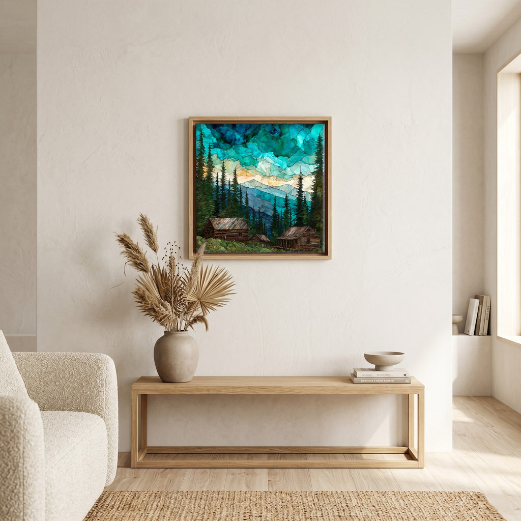 In the living room, above the sofa.