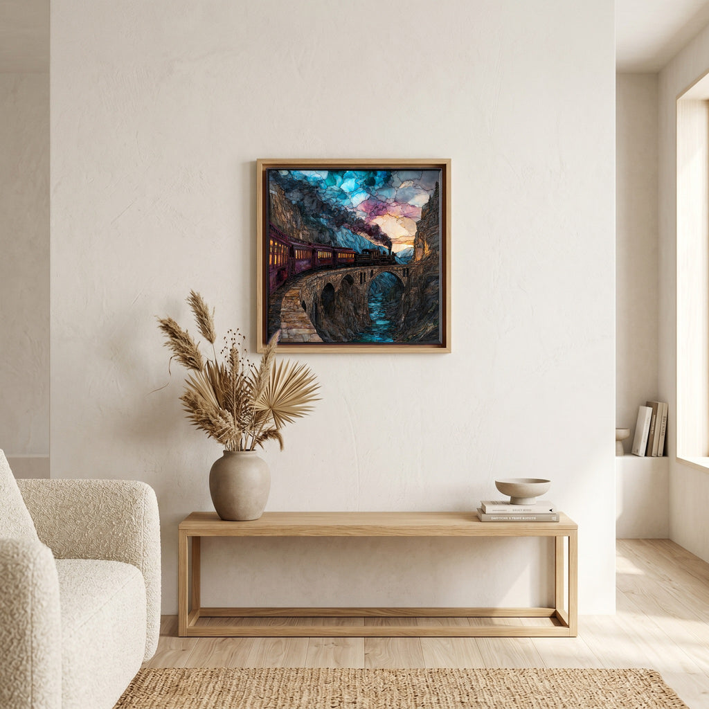 In the living room, above the sofa.