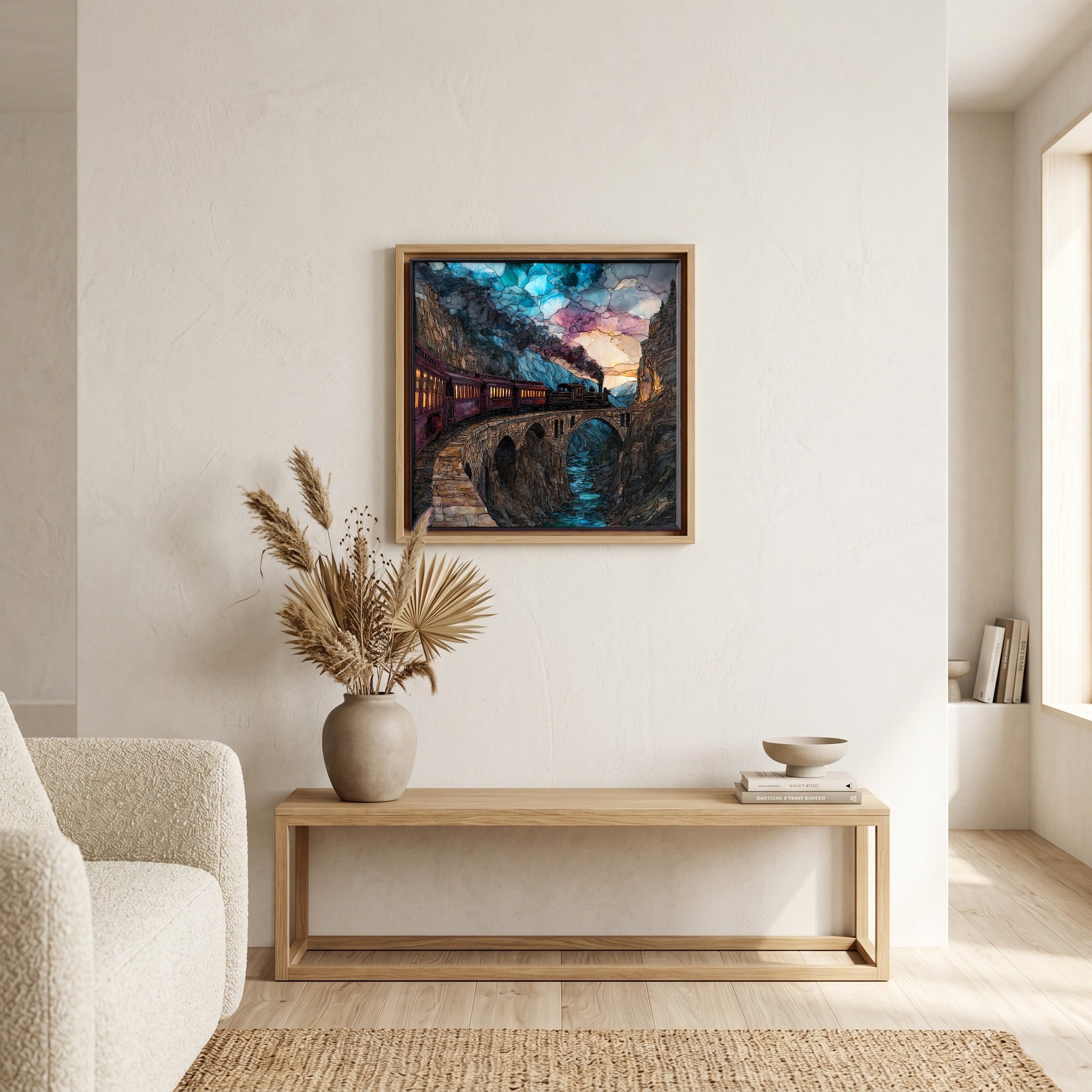 In the living room, above the sofa.