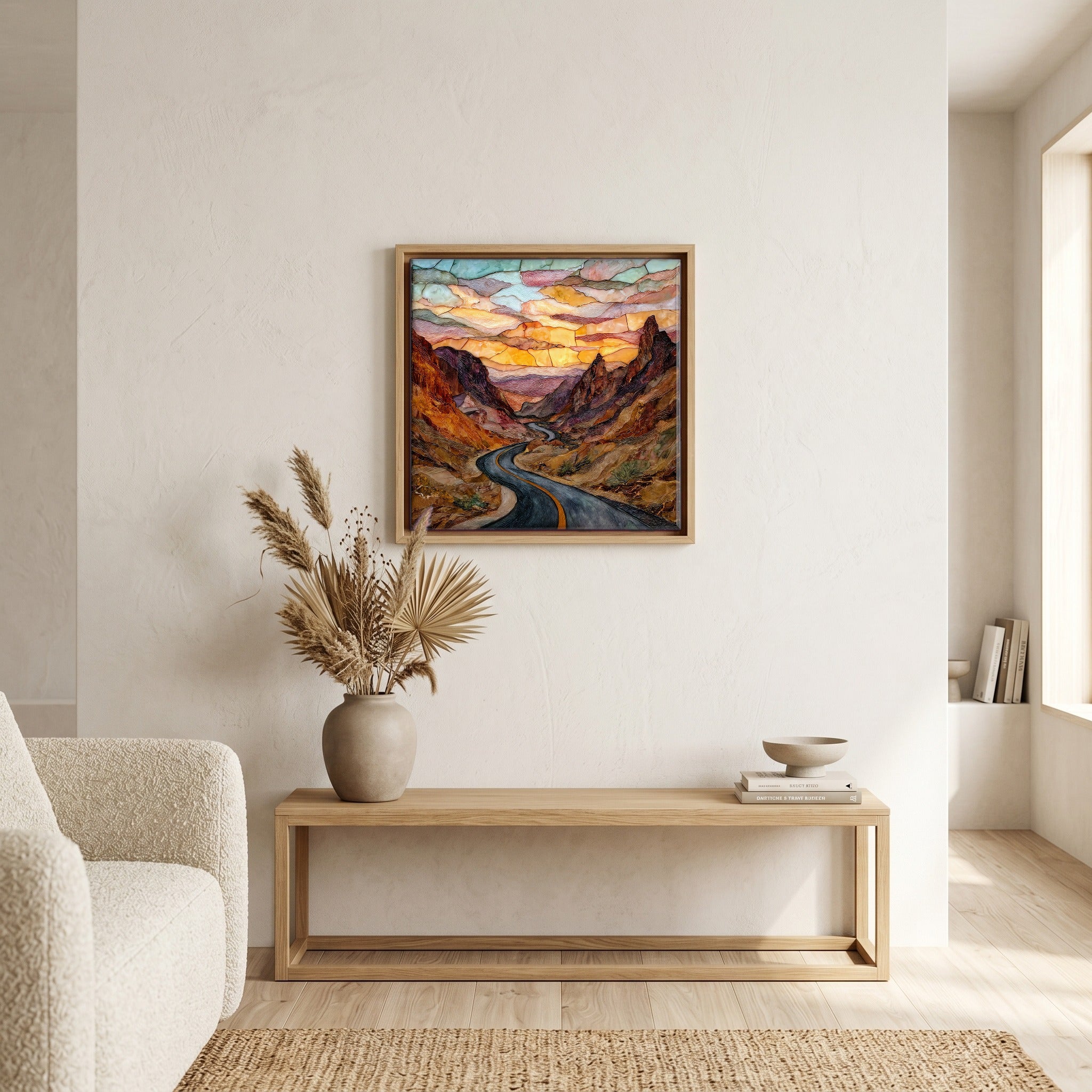 In the living room, above the sofa.