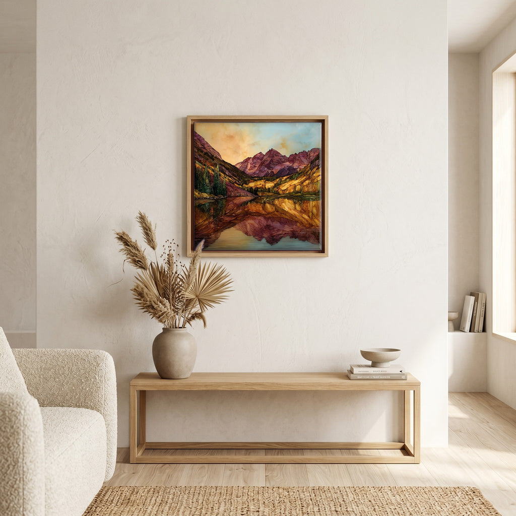 Above the bench, in a warm oak surround.