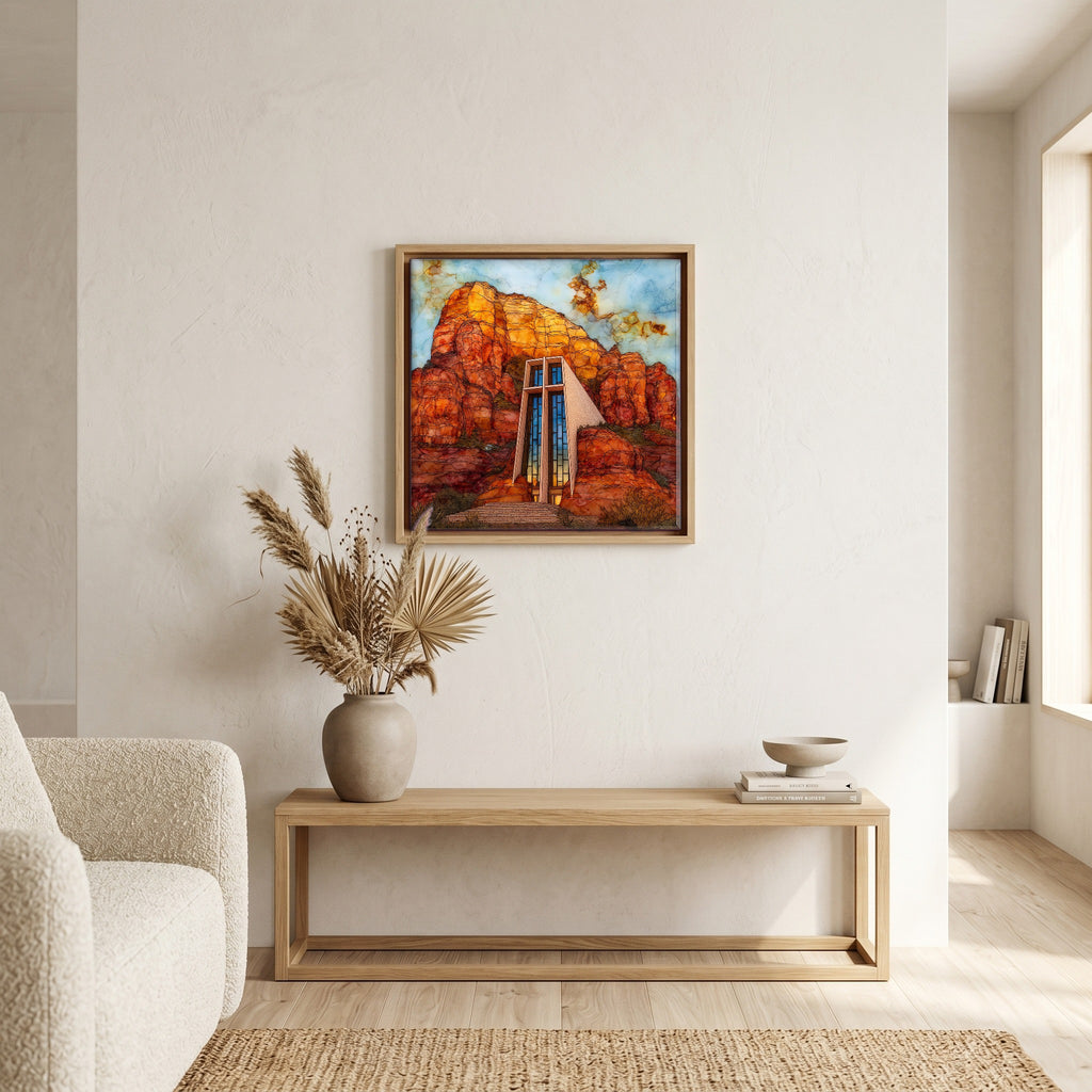 In the living room, above the sofa.
