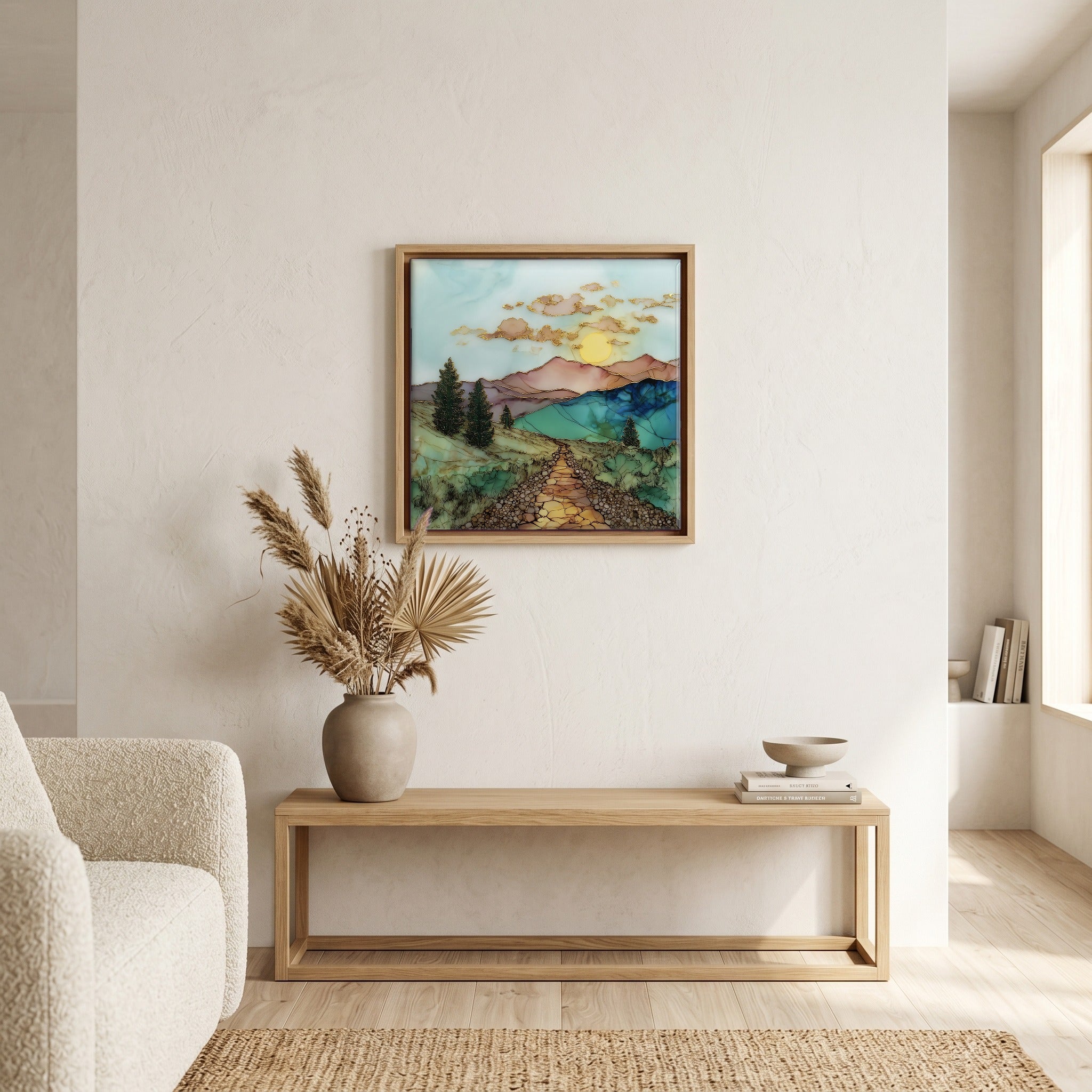 In the living room, above the sofa.