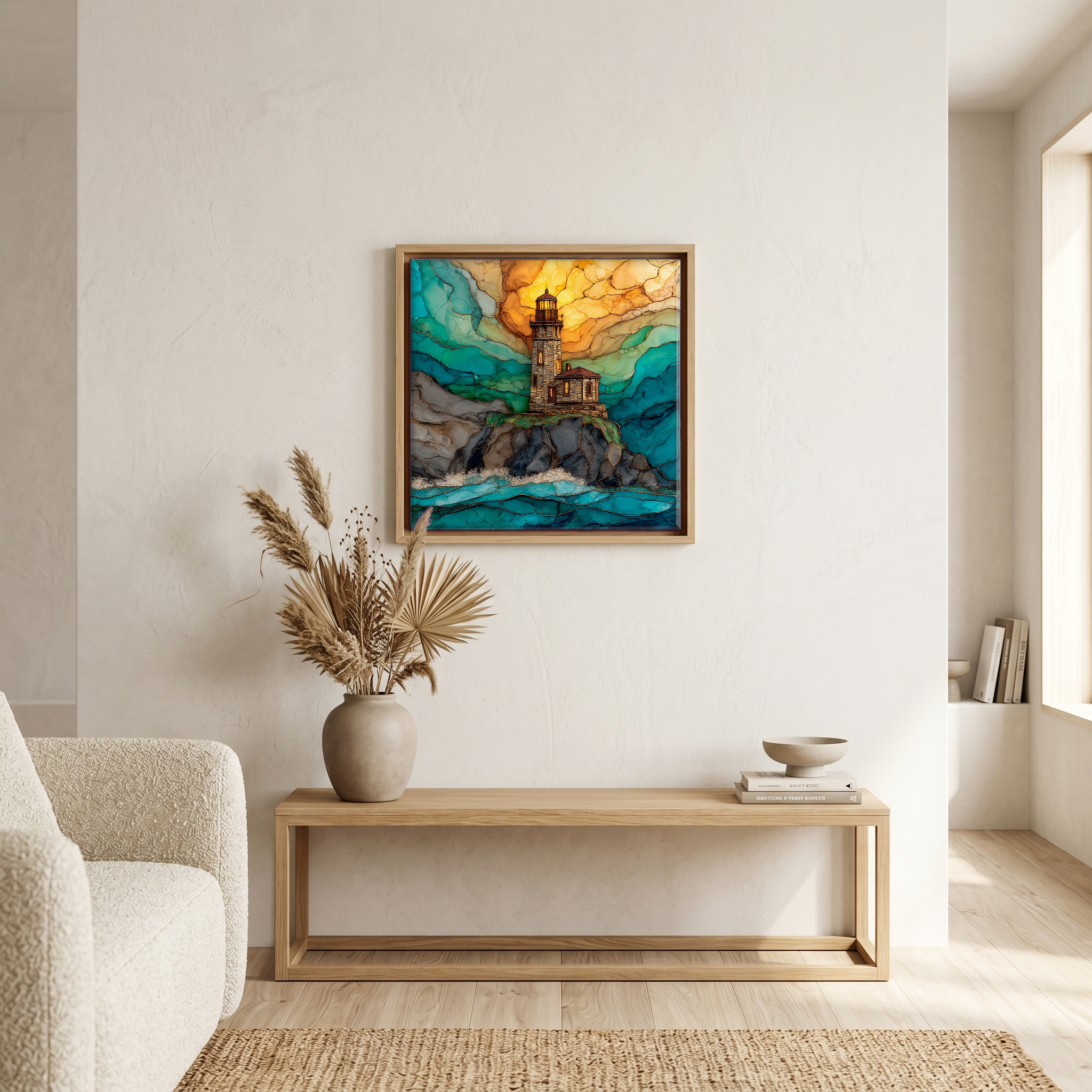 Above the bench, in a warm oak surround.