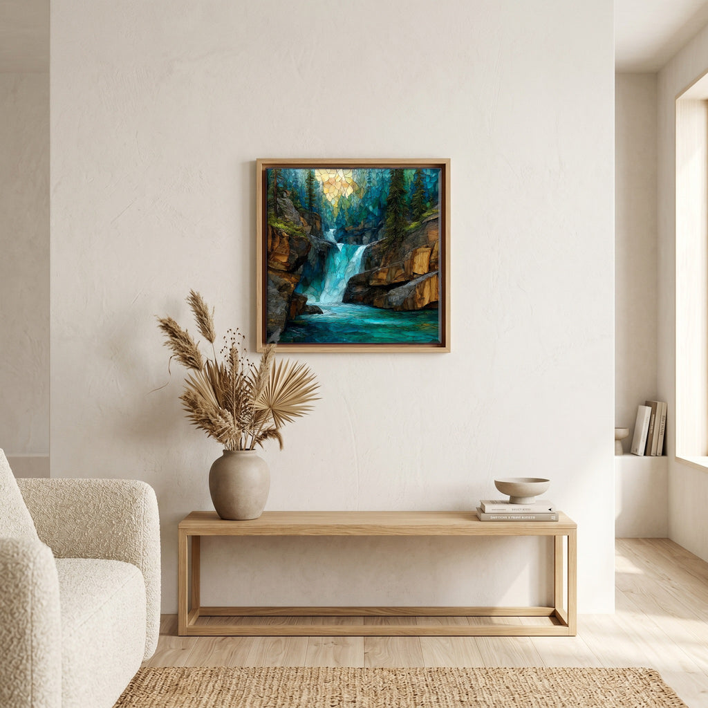 In the living room, above the sofa.