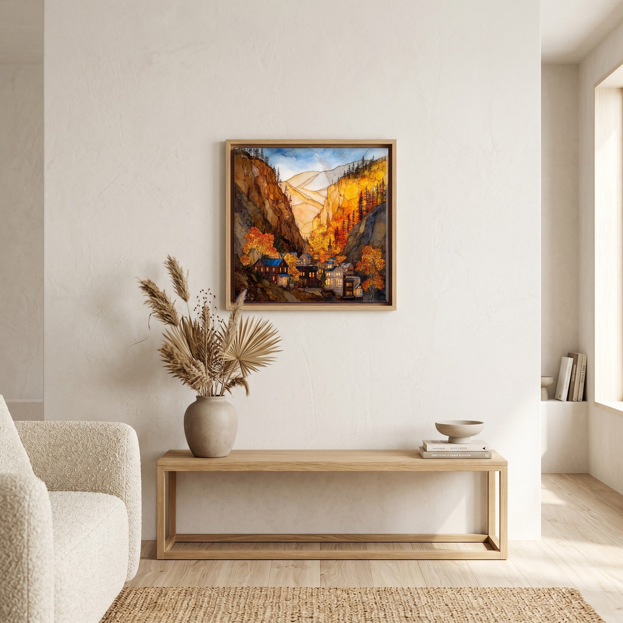 Above the bench, in a warm oak surround.