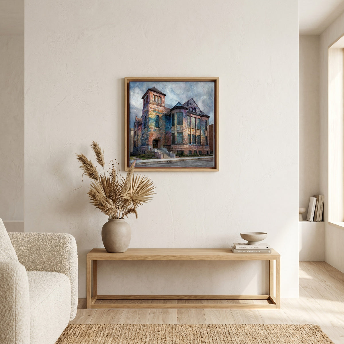 In the living room, above the sofa.
