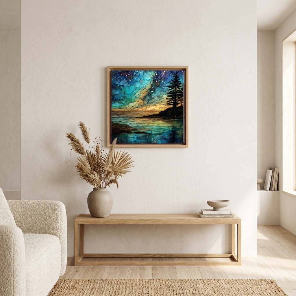 In the living room, above the sofa.