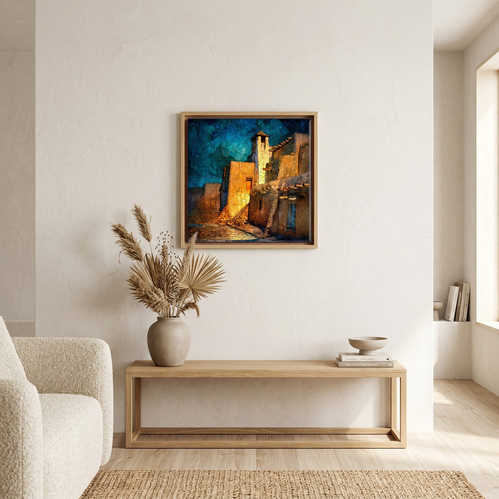 In the living room, above the sofa.