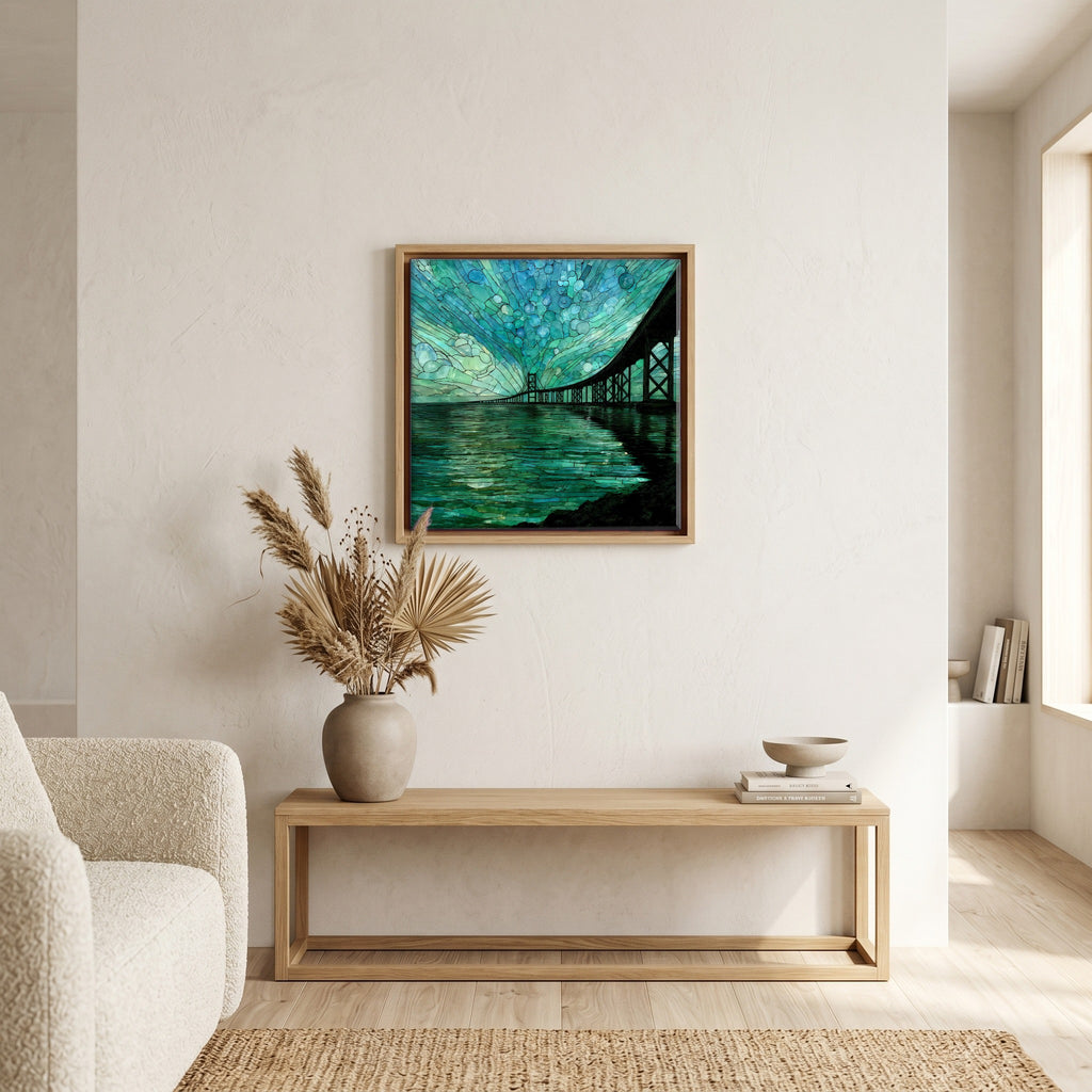 In the living room, above the sofa.