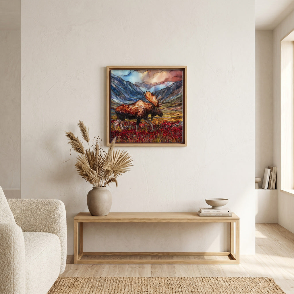 In the living room, above the sofa.