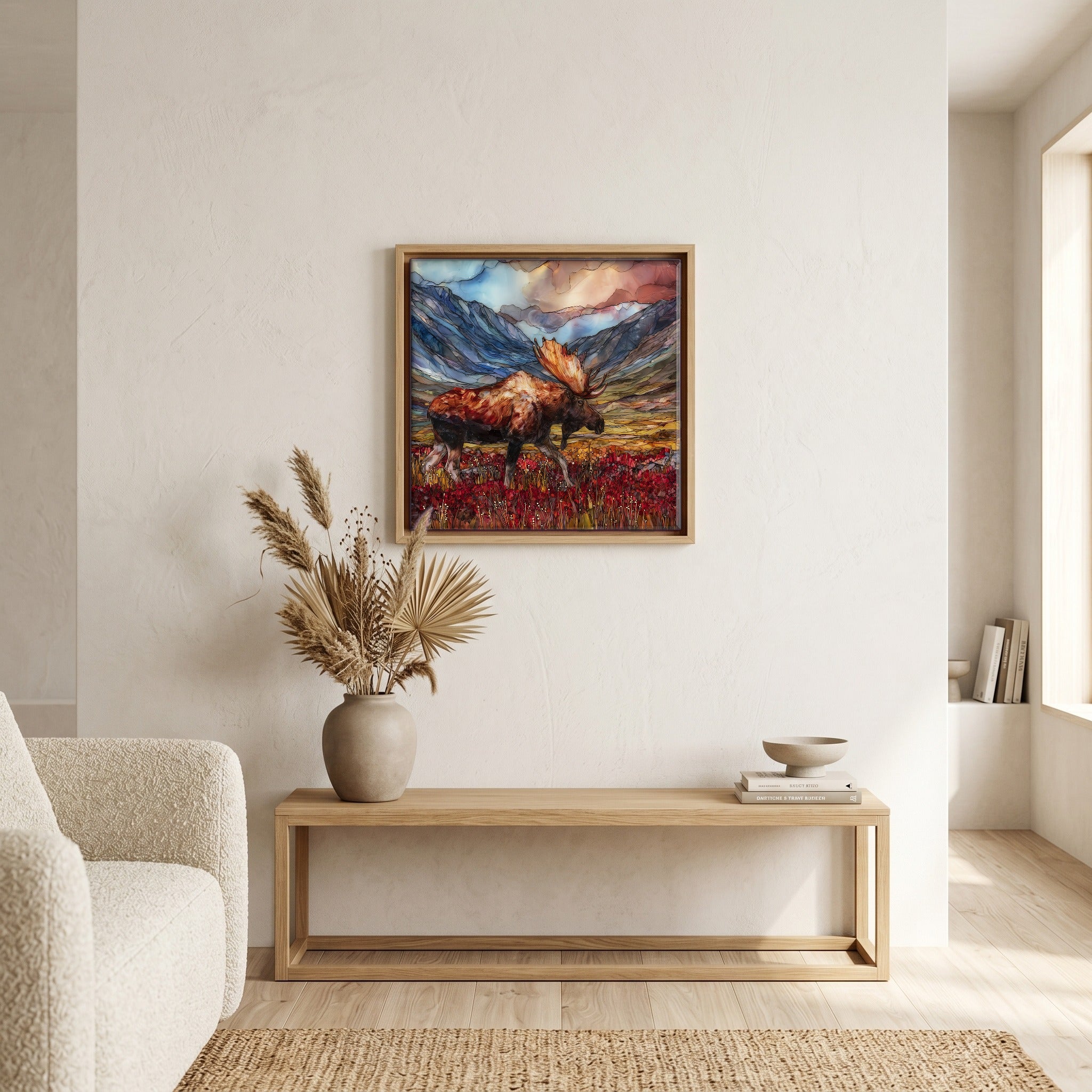 In the living room, above the sofa.