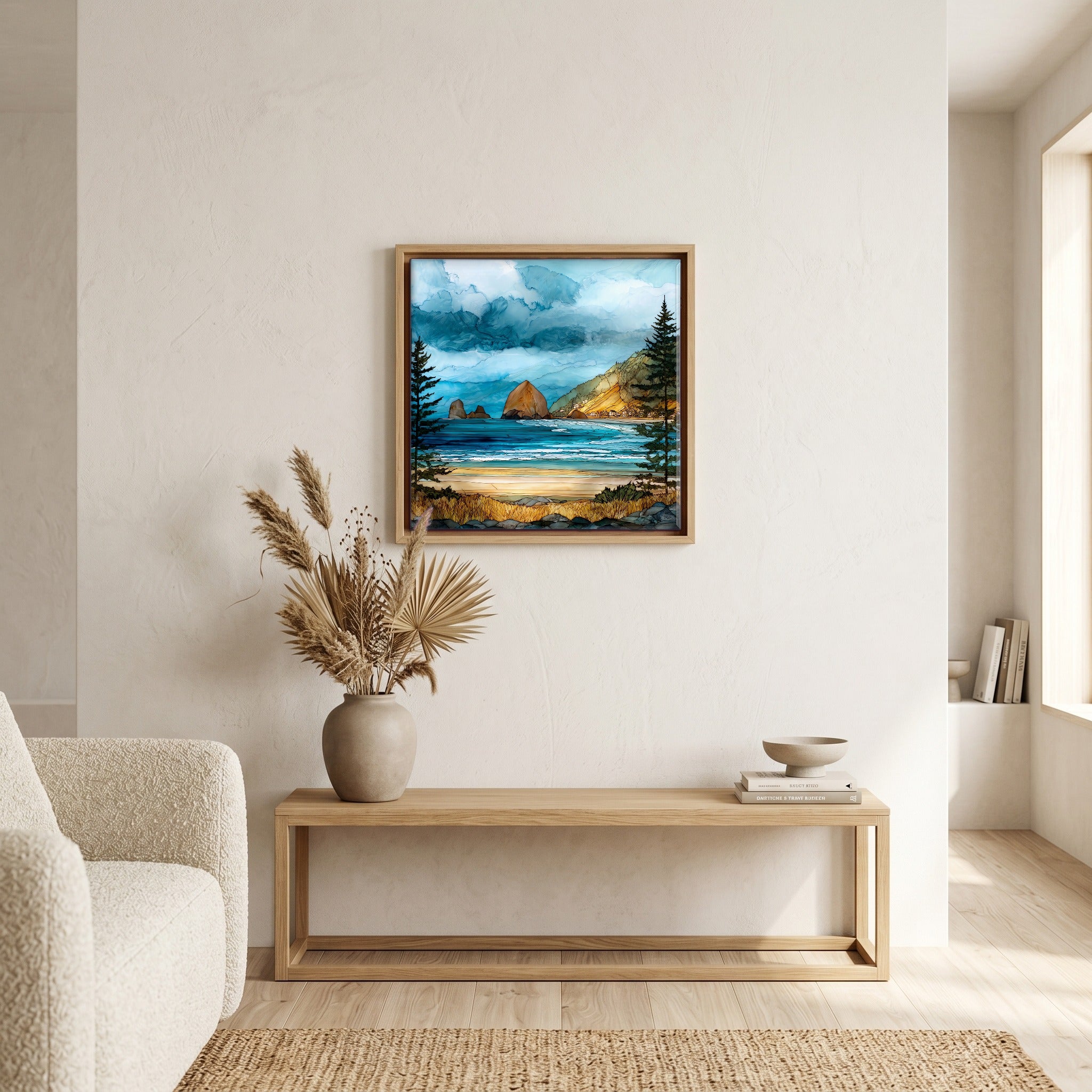 In the living room, above the sofa.