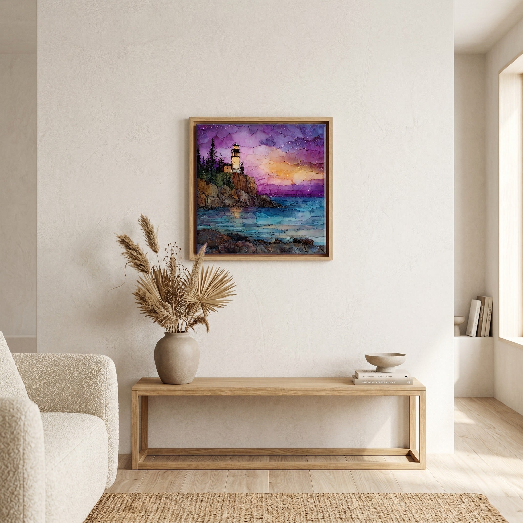 In the living room, above the sofa.