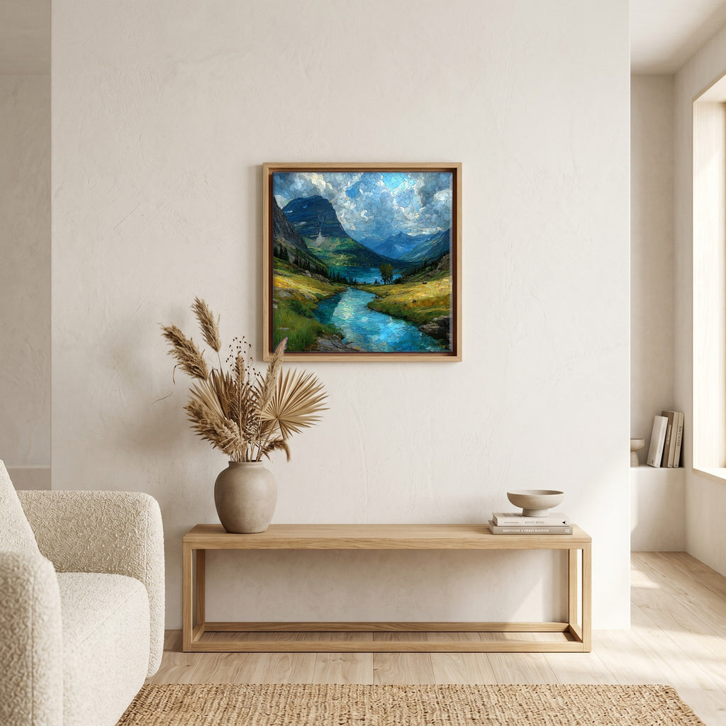 In the living room, above the sofa.