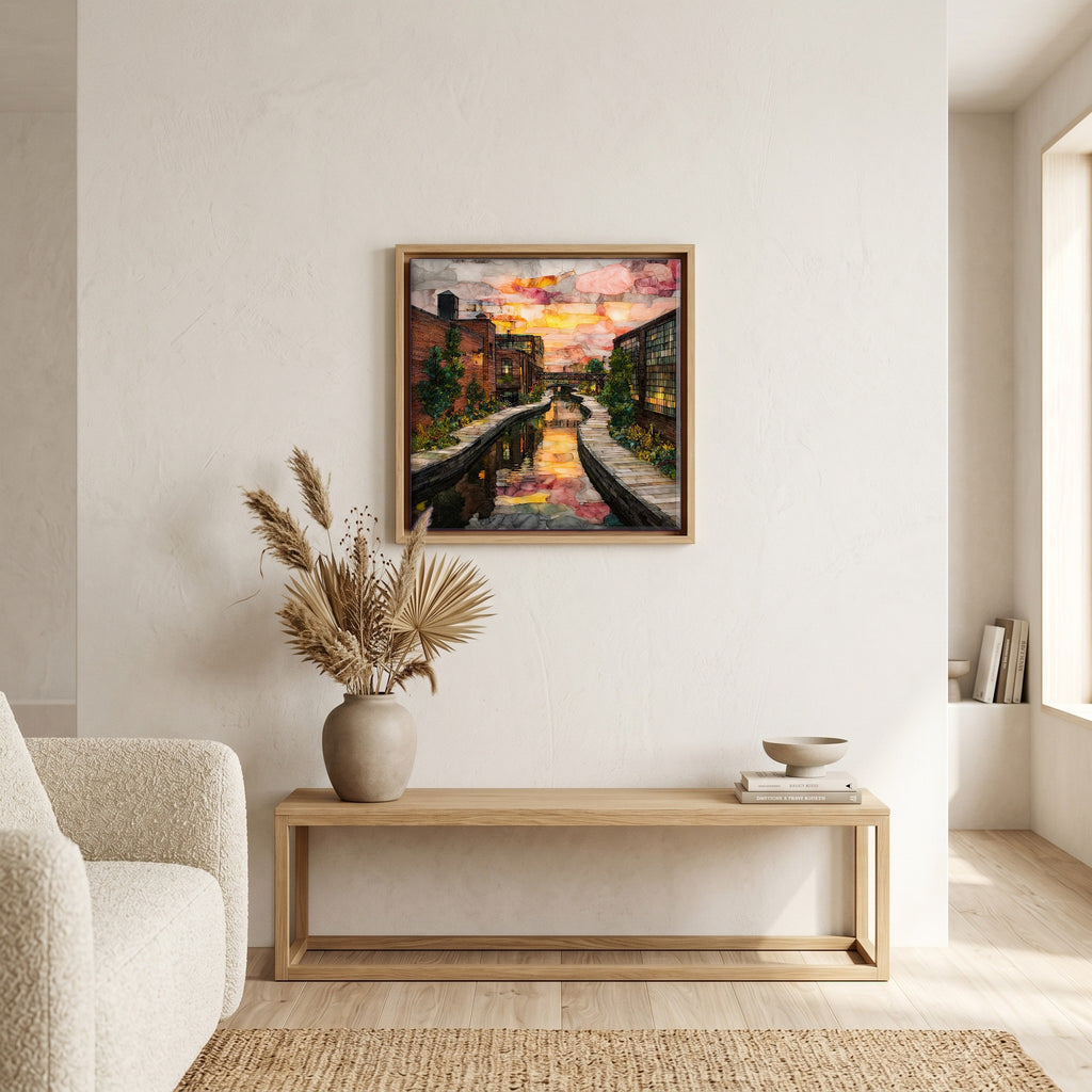In the living room, above the sofa.
