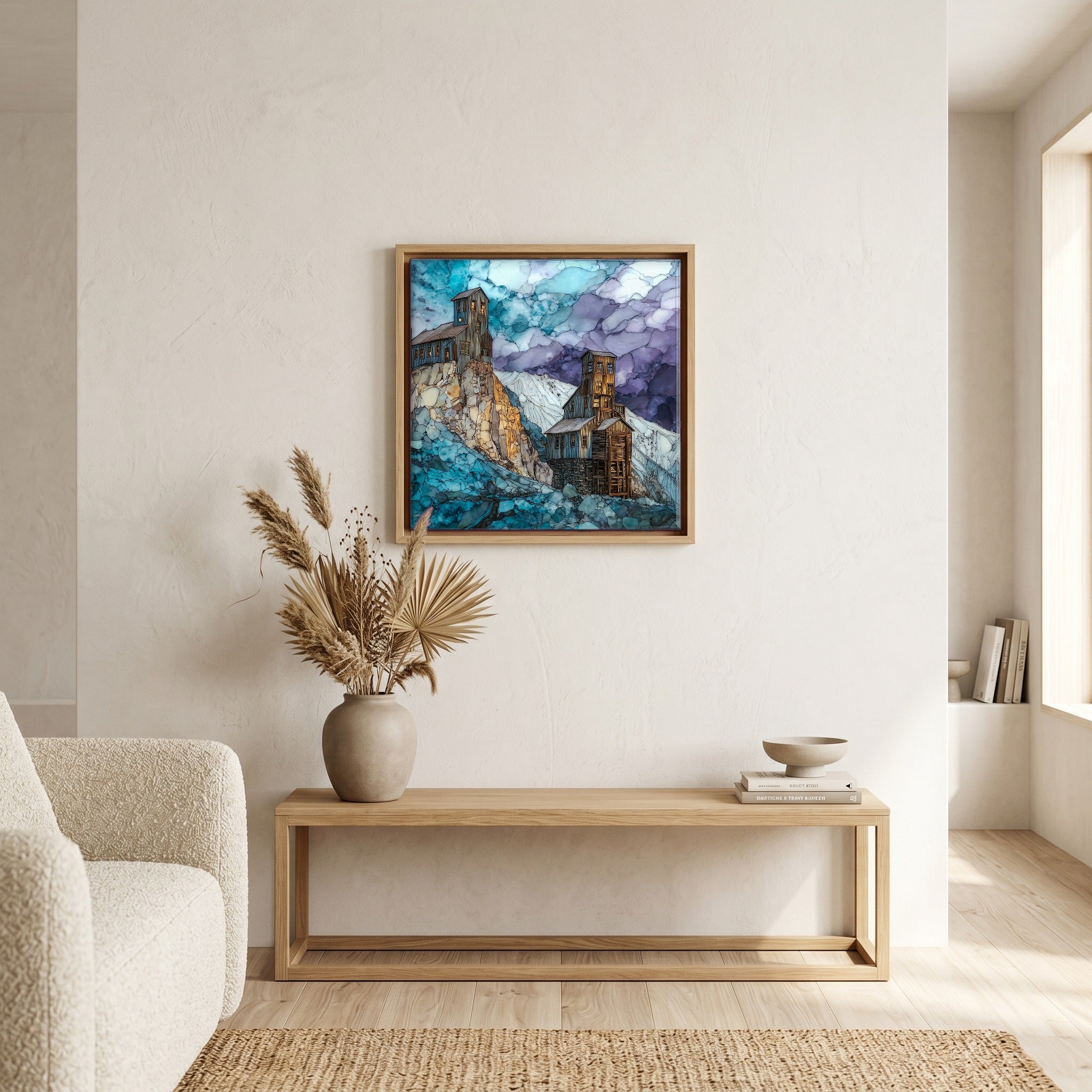 In the living room, above the sofa.